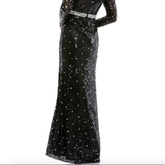MAC DUGGAL 10736 SEQUINED FAUX WRAP PUFF SLEEVE TRUMPET BLACK GOWN sz 14 - Picture 8 of 8